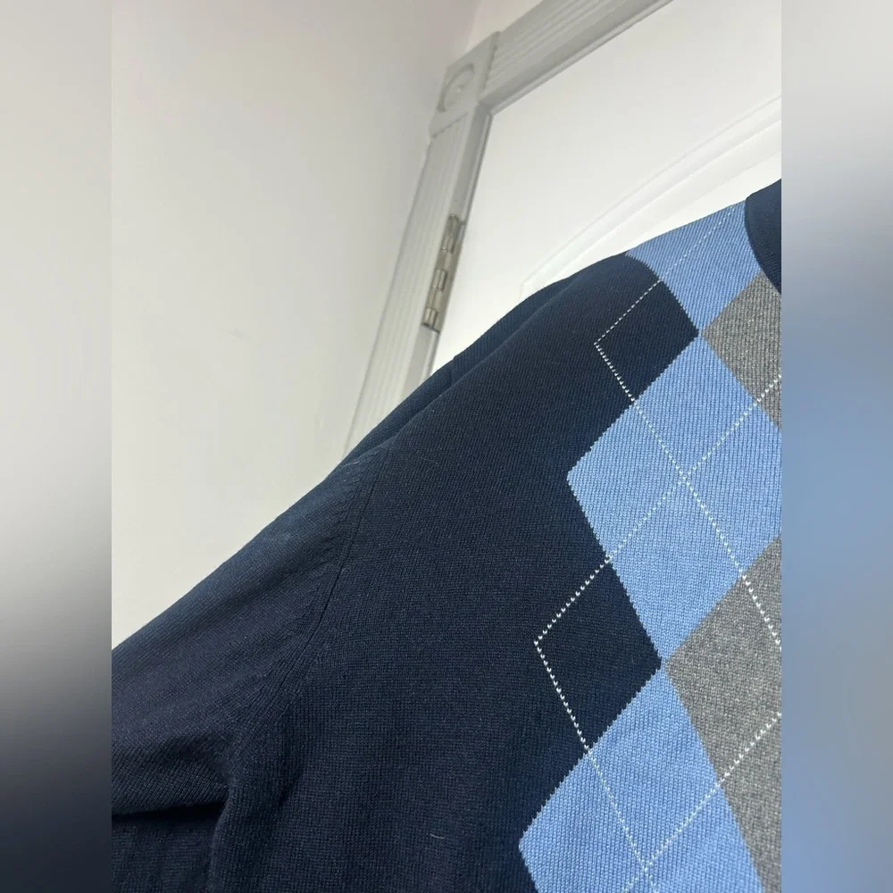 BANANA REPUBLIC Men's Blue Argyle Silk Cashmere V-neck Sweater Size XL preppy
